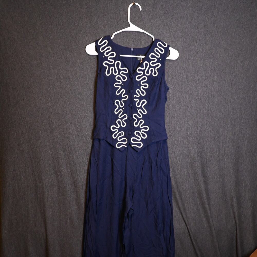 VINTAGE All That Jazz Women's 5/6 Sleeveless Navy Blue Embroidered Dress VTG